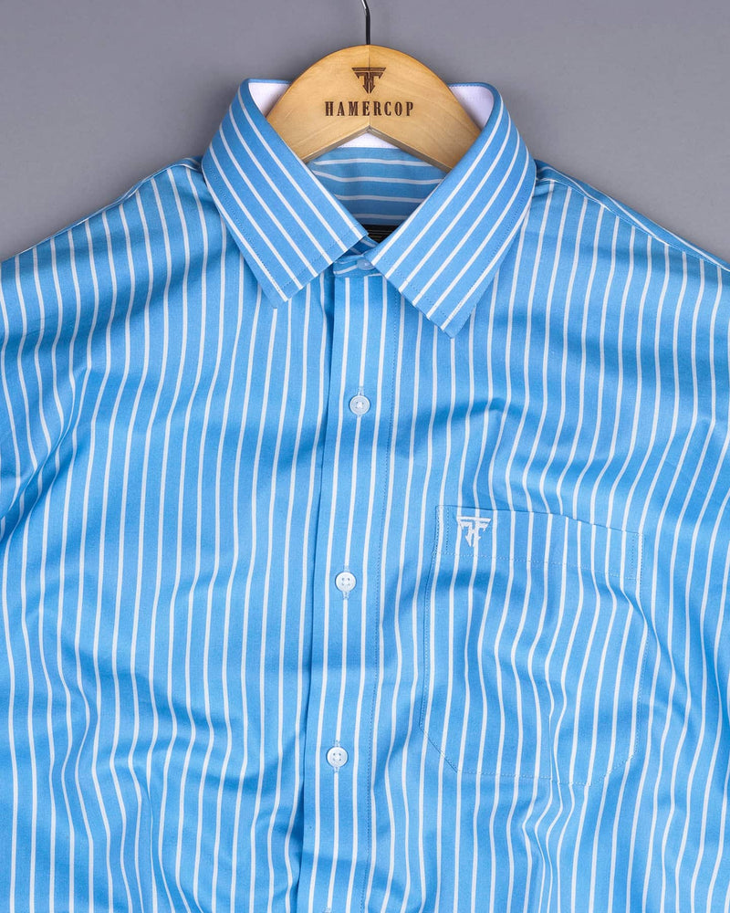 Lake Blue With White Stripe Formal Cotton Designer Shirt