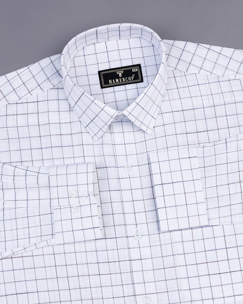 Medora Blue With Mustard  Check White Linen Formal Cotton Shirt