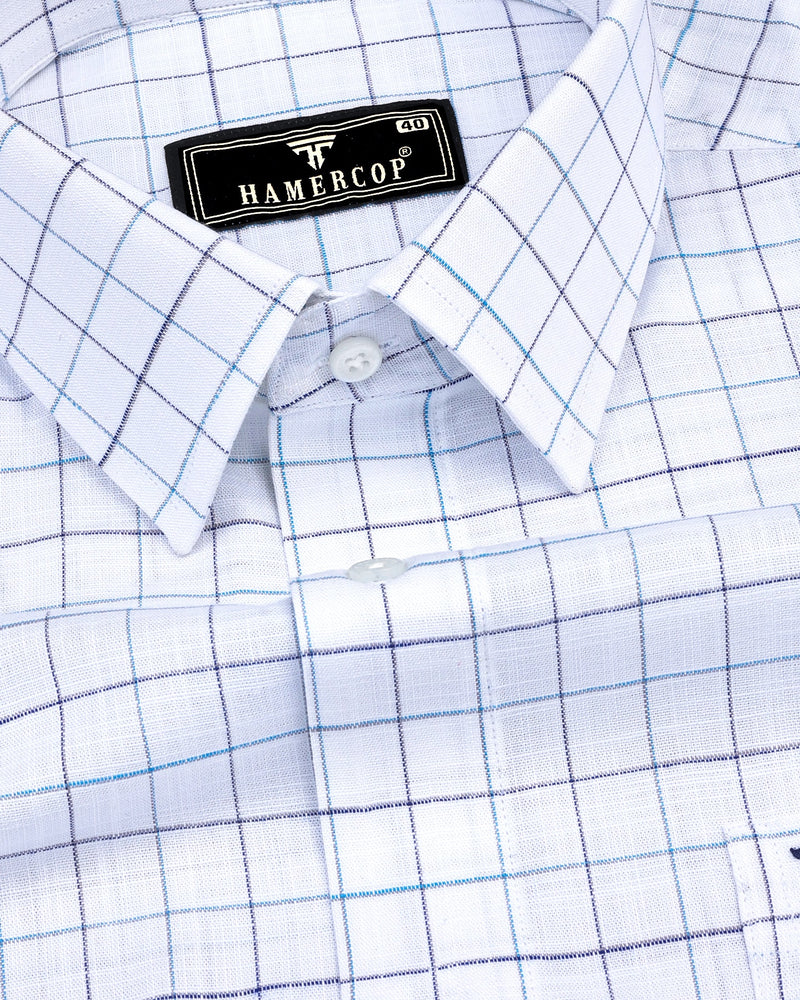 Medora SkyBlue Check White Linen Formal Cotton Shirt