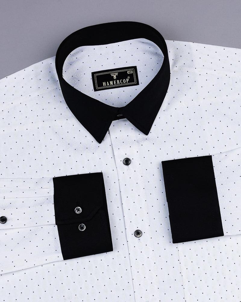 Vosto Black Dot Printed White Satin Designer Cotton Shirt