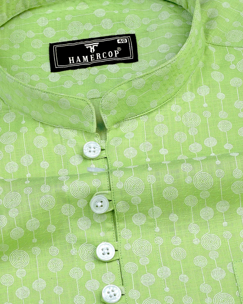 Modena Green Circle Chain Printed Linen Cotton Shirt Style Kurta