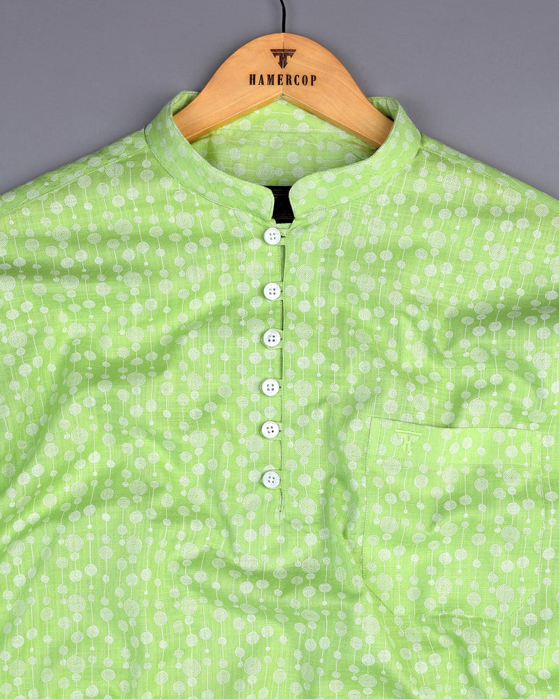 Modena Green Circle Chain Printed Linen Cotton Shirt Style Kurta