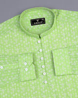 Modena Green Circle Chain Printed Linen Cotton Shirt Style Kurta