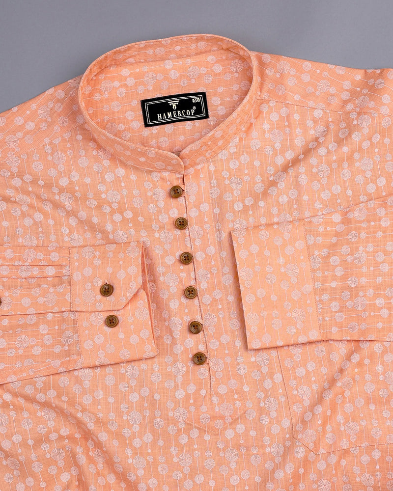 Modena Orange Circle Chain Printed Linen Cotton Shirt Style Kurta