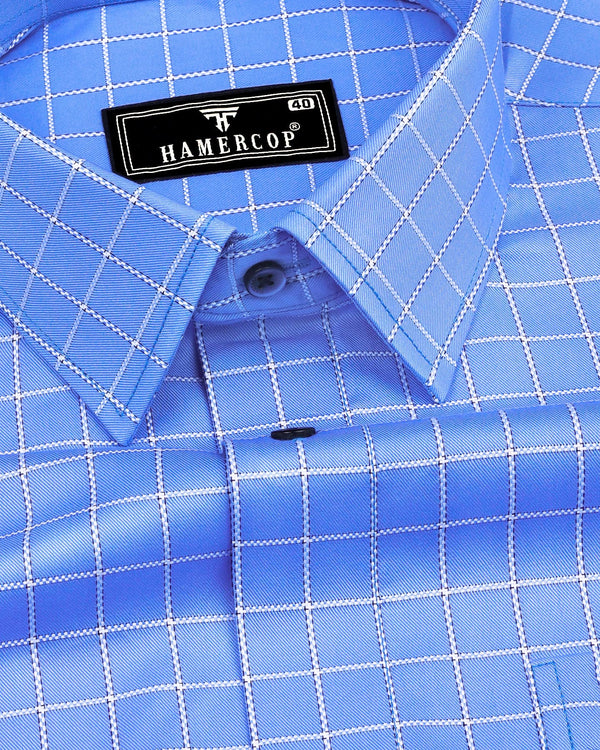 Ribose Blue With White Check Premium Cotton Formal Shirt