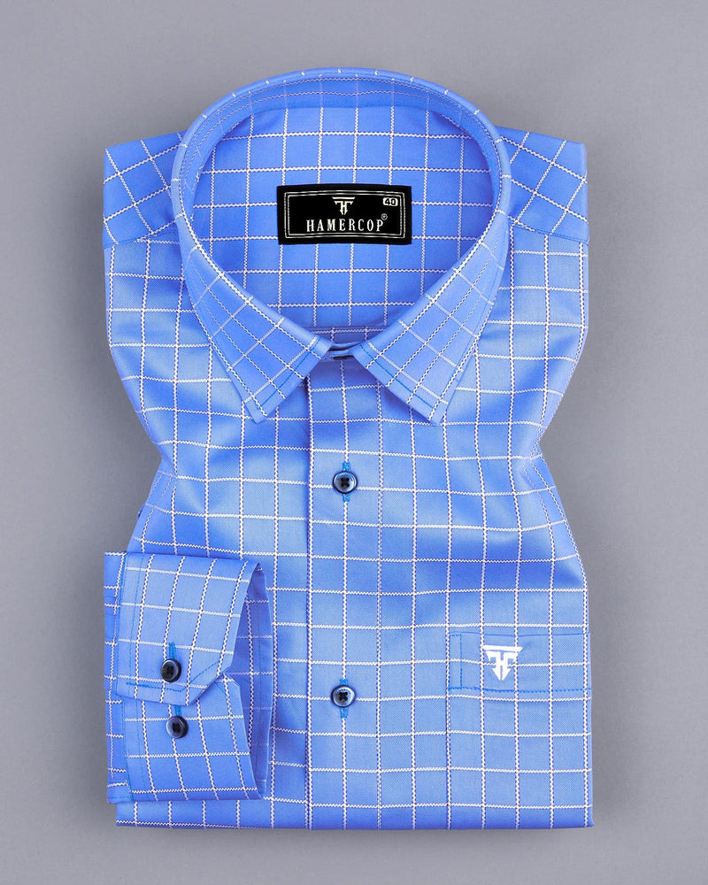 Ribose Blue With White Check Premium Cotton Formal Shirt