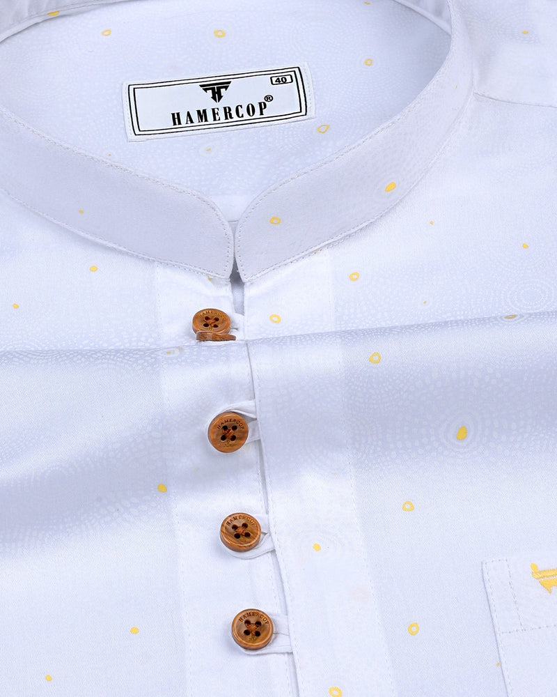 Sweden Yellow Dot Printed White Satin Cotton Shirt Style Kurta