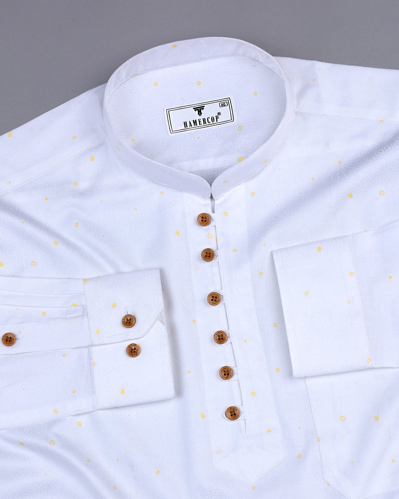 Sweden Yellow Dot Printed White Satin Cotton Shirt Style Kurta