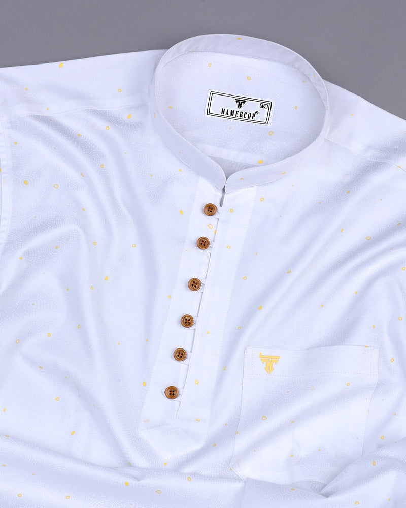 Sweden Yellow Dot Printed White Satin Cotton Shirt Style Kurta