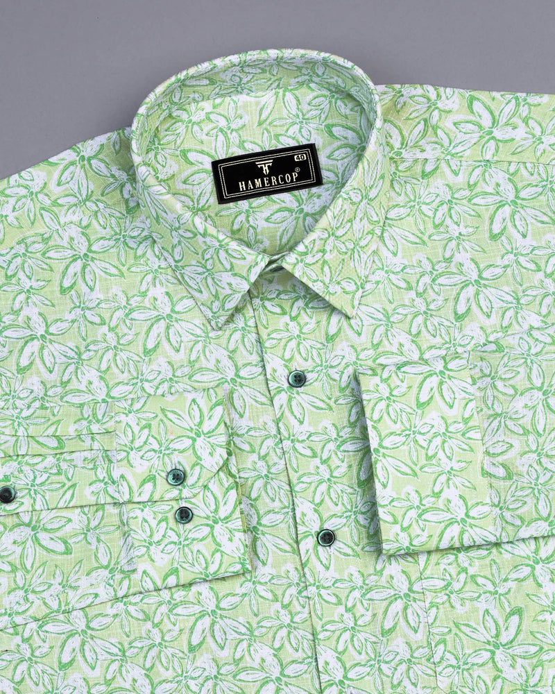 Cordate Green Flower Printed Dobby Cotton Shirt