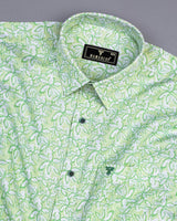 Cordate Green Flower Printed Dobby Cotton Shirt