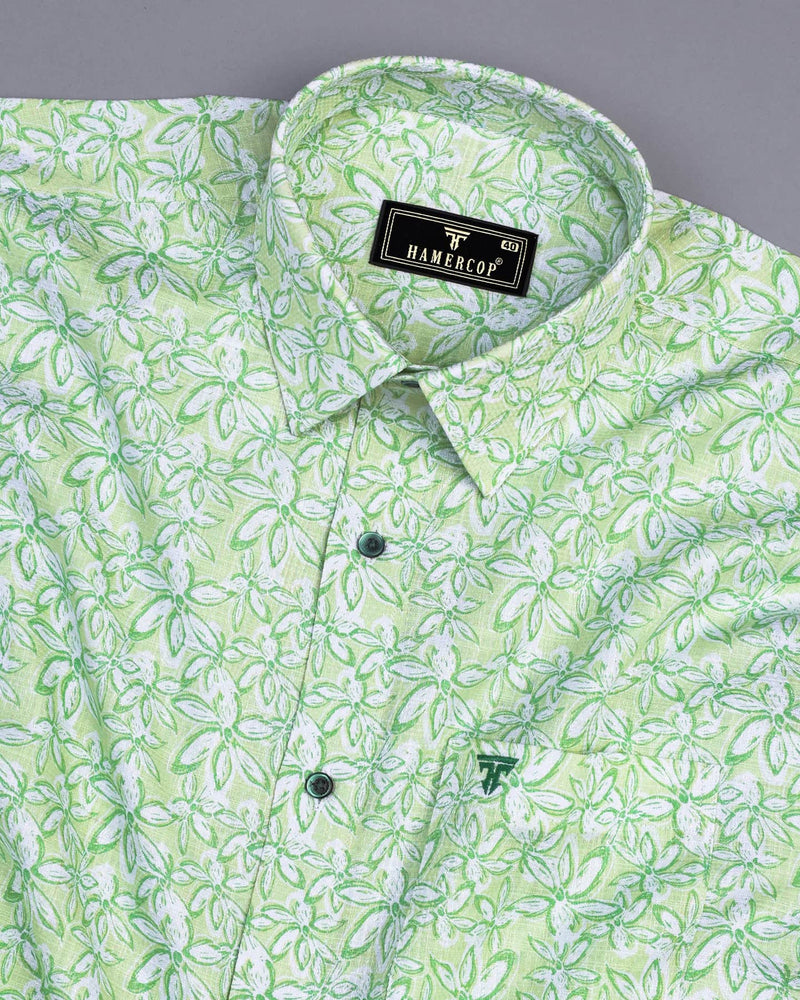 Cordate Green Flower Printed Dobby Cotton Shirt