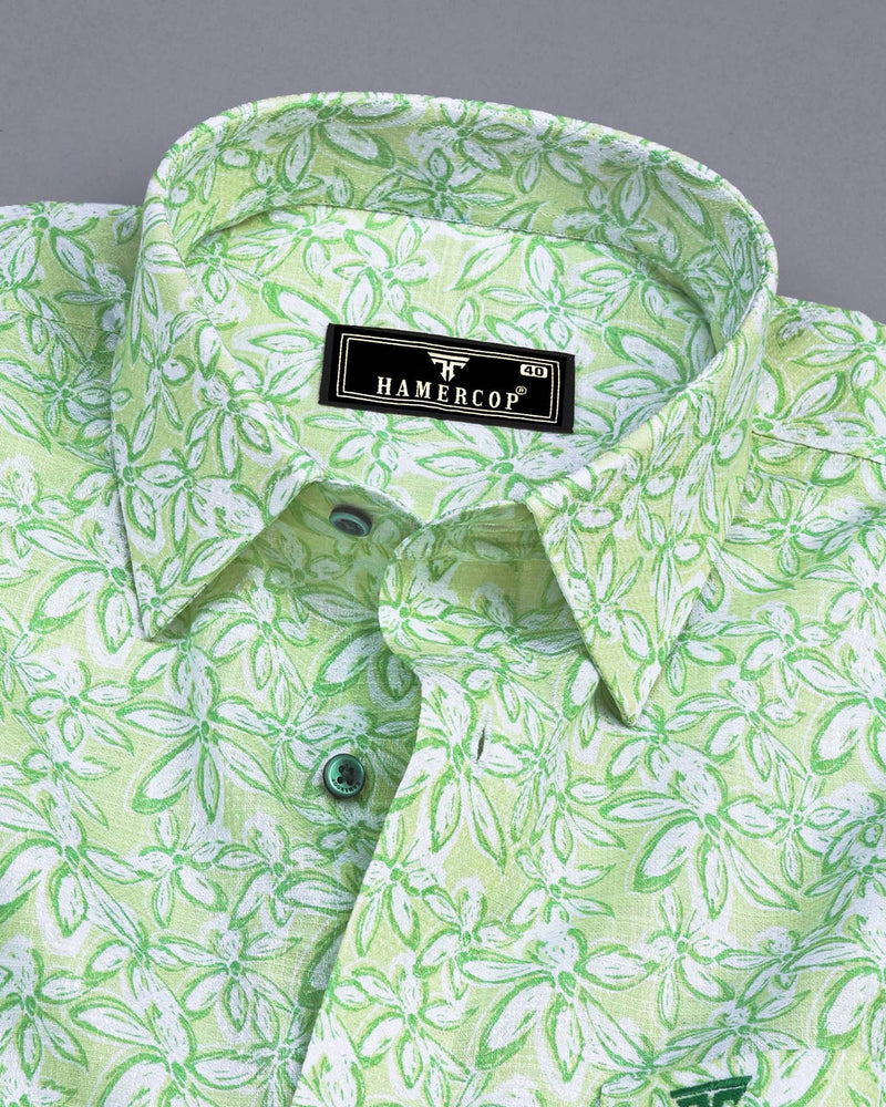 Cordate Green Flower Printed Dobby Cotton Shirt