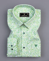 Cordate Green Flower Printed Dobby Cotton Shirt