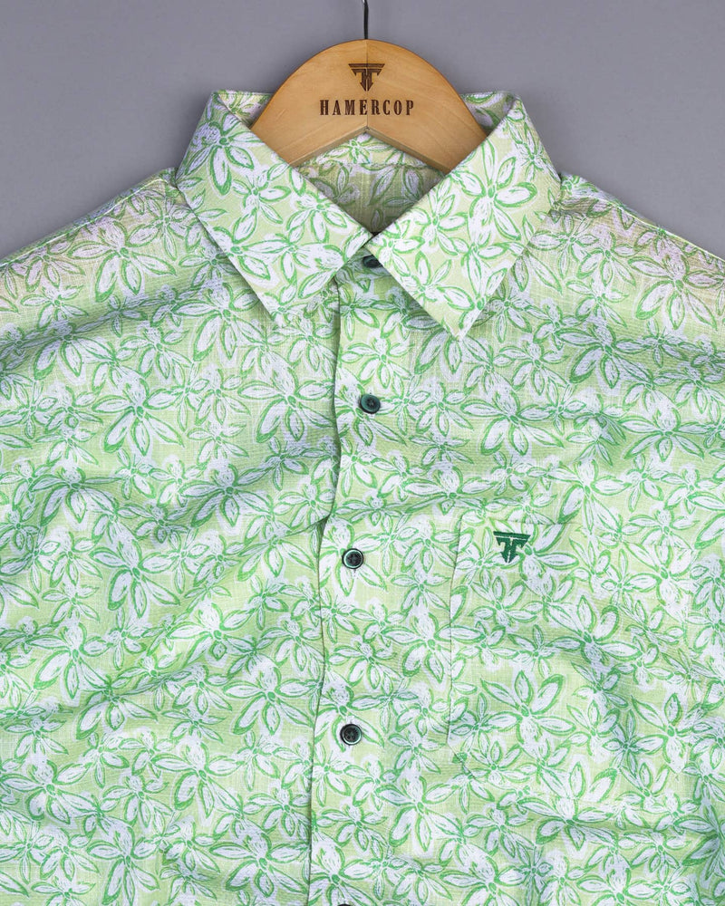 Cordate Green Flower Printed Dobby Cotton Shirt