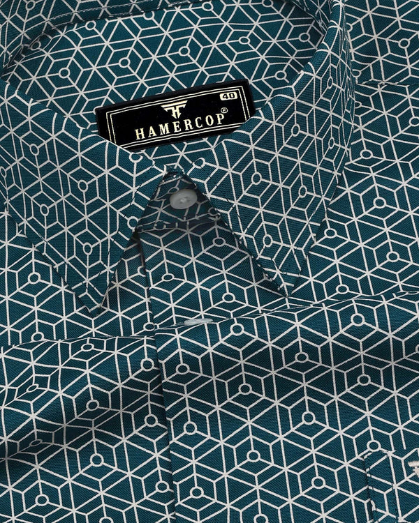 Turkish Blue Hexagon Printed Dobby Cotton Shirt