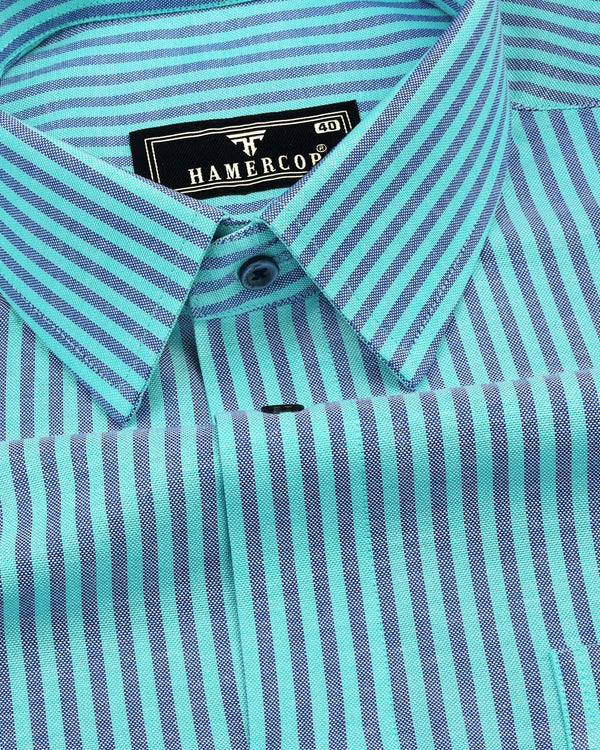 Candida Aqua Blue With Blue Bengal Stripe Oxford Cotton Shirt