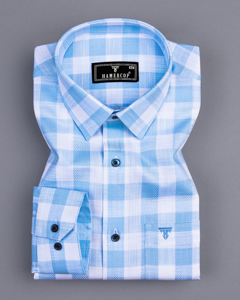 Cromer SkyBlue With White Check Dobby Cotton Shirt