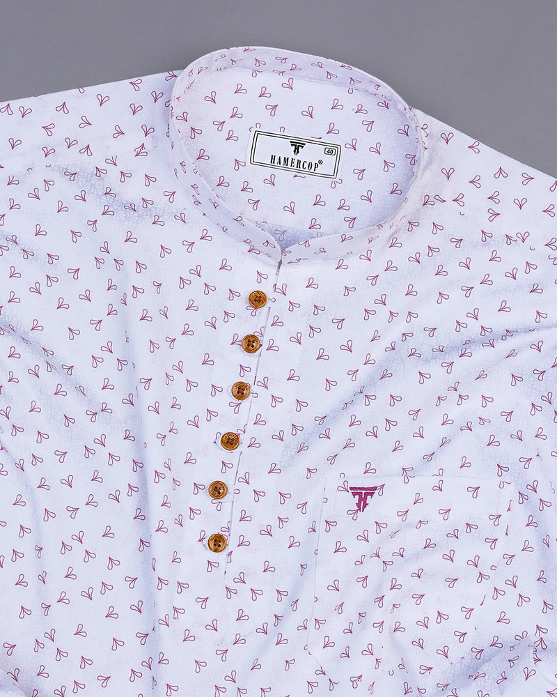 Dory Pink With White Printed Satin Cotton Shirt Style Kurta