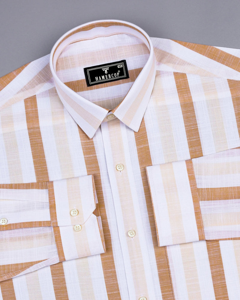 Thelon Cream With White Broad Stripe Linen Cotton Shirt