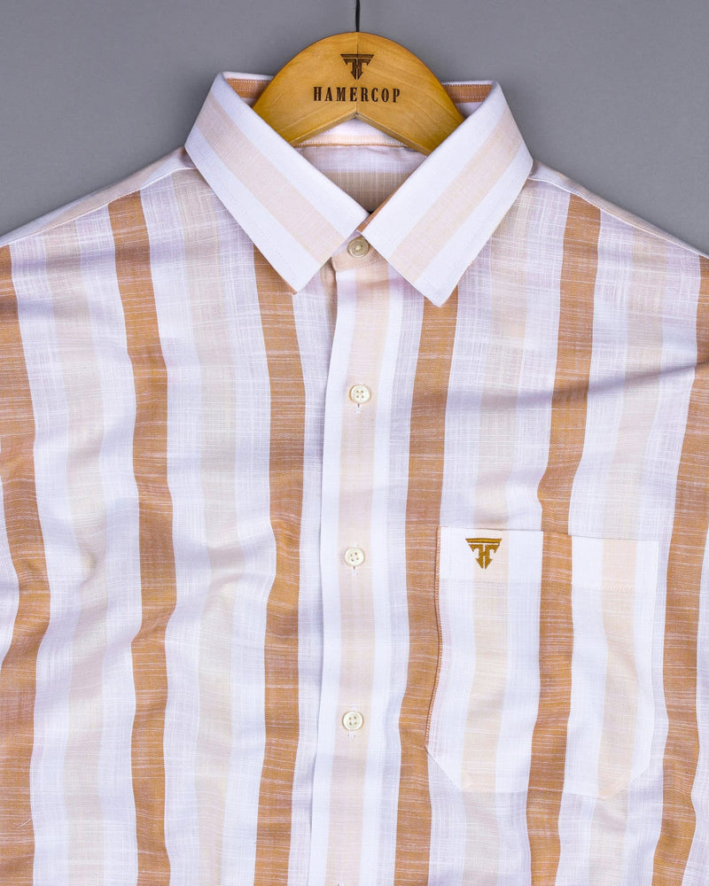 Thelon Cream With White Broad Stripe Linen Cotton Shirt