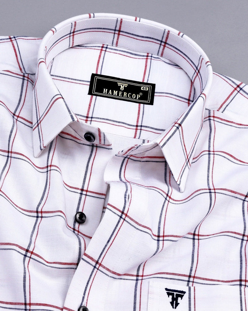 Blue With Red Check White Linen Formal Cotton Shirt