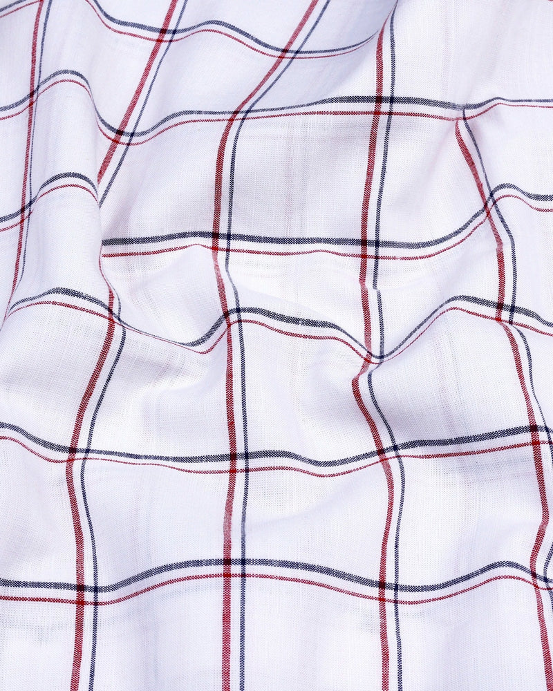 Blue With Red Check White Linen Formal Cotton Shirt