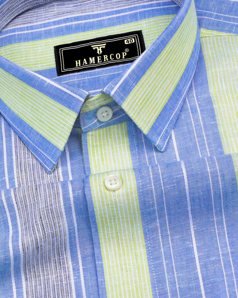 Pinzon Blue With Green Stripe Dobby Cotton Formal Shirt