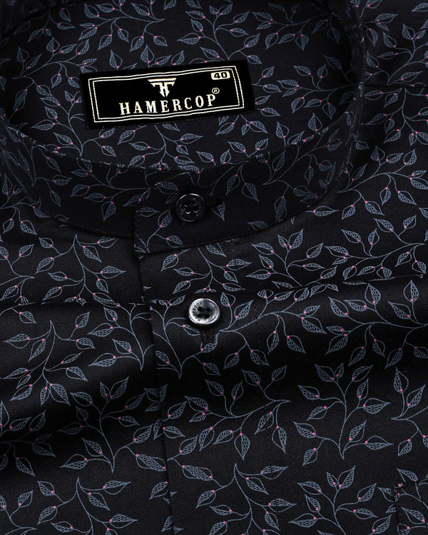 Luma Black Satin With Gray Leaf Printed Cotton Shirt