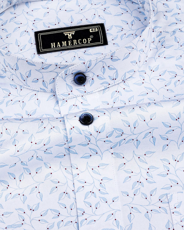 Luma White Satin With Skyblue Leaf Printed Cotton Shirt