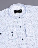 Luma White Satin With Skyblue Leaf Printed Cotton Shirt