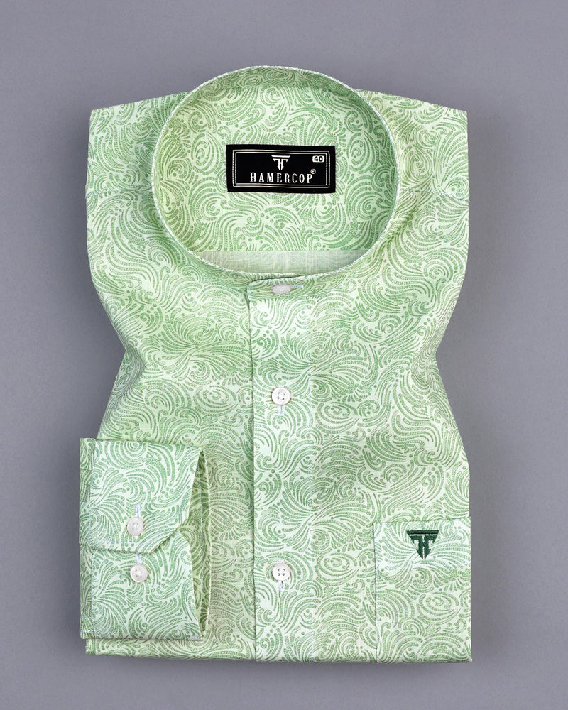 Clovis Green Printed White Linen Cotton Shirt