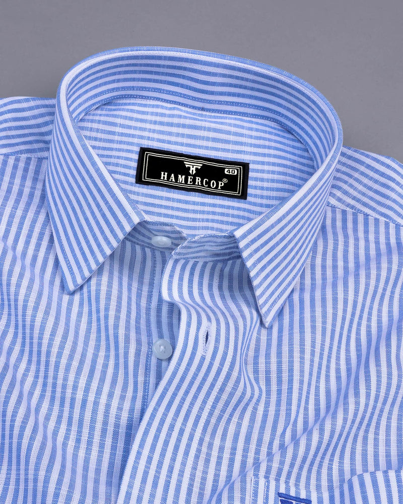 Lifa Blue With White Stripe Linen Cotton Formal Shirt