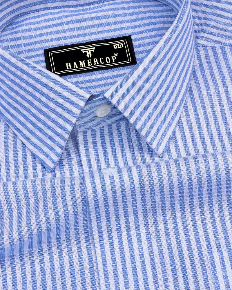 Lifa Blue With White Stripe Linen Cotton Formal Shirt