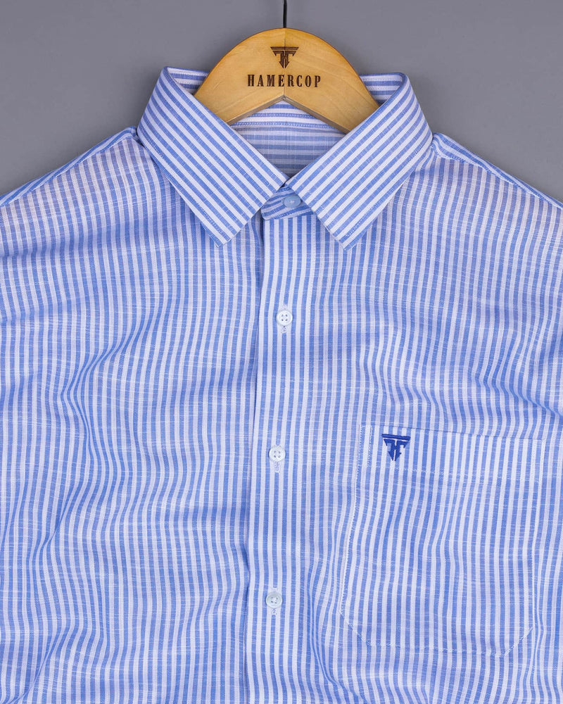 Lifa Blue With White Stripe Linen Cotton Formal Shirt