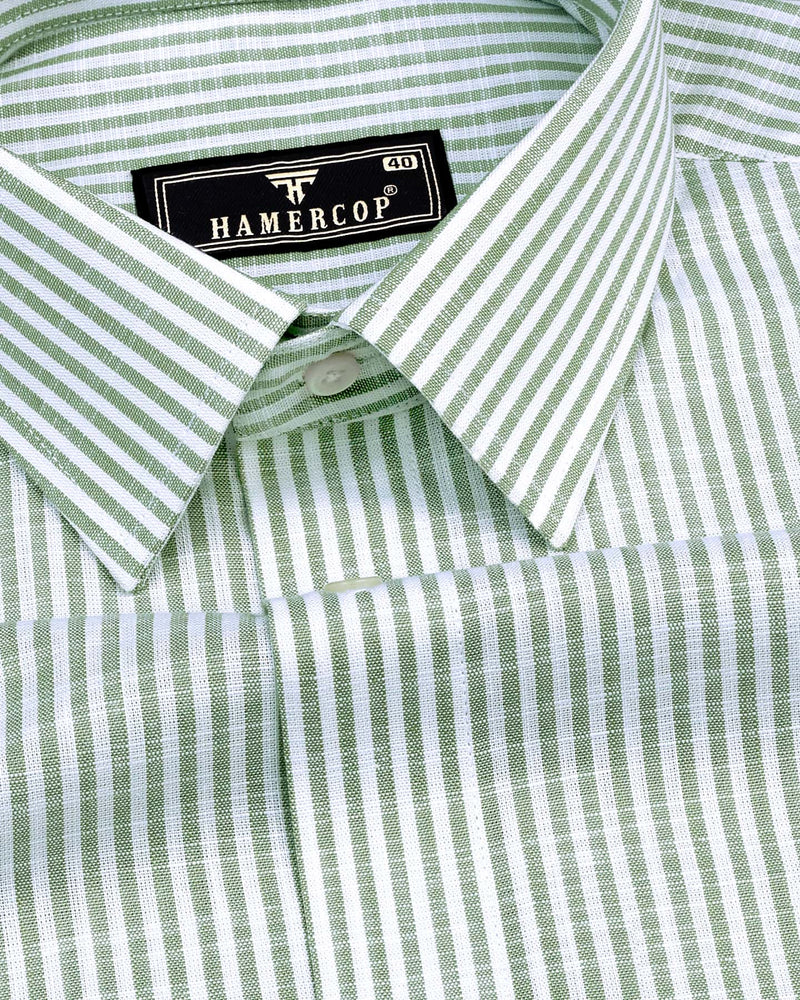 Lifa Green With White Stripe Linen Cotton Formal Shirt