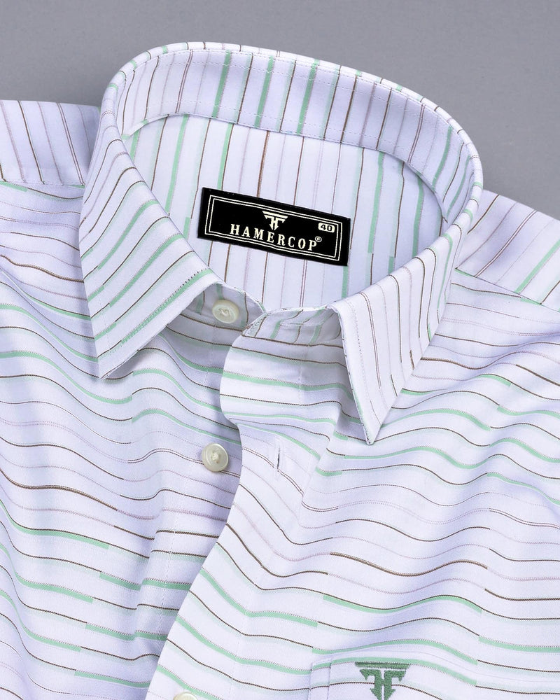 Marvel Cream With Green Weft Stripe White Cotton Shirt