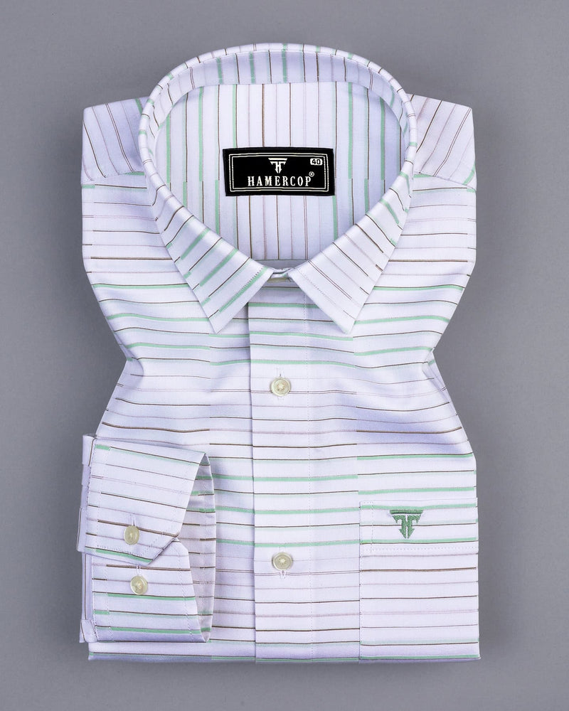 Marvel Cream With Green Weft Stripe White Cotton Shirt