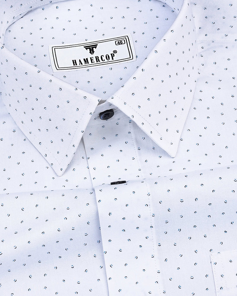 Marshmallow White With Blue Printed Cotton Shirt