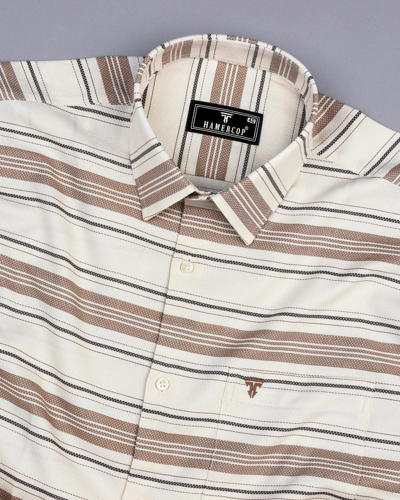 Oat Brown With Cream Weft Stripe Dobby Cotton Shirt