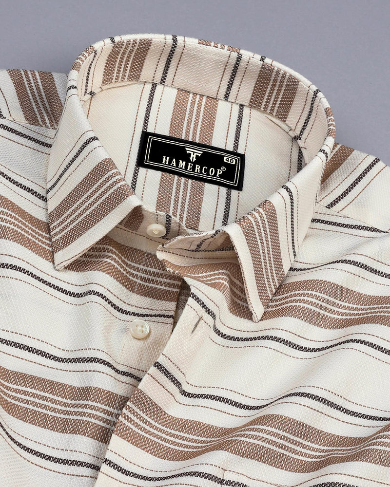 Oat Brown With Cream Weft Stripe Dobby Cotton Shirt