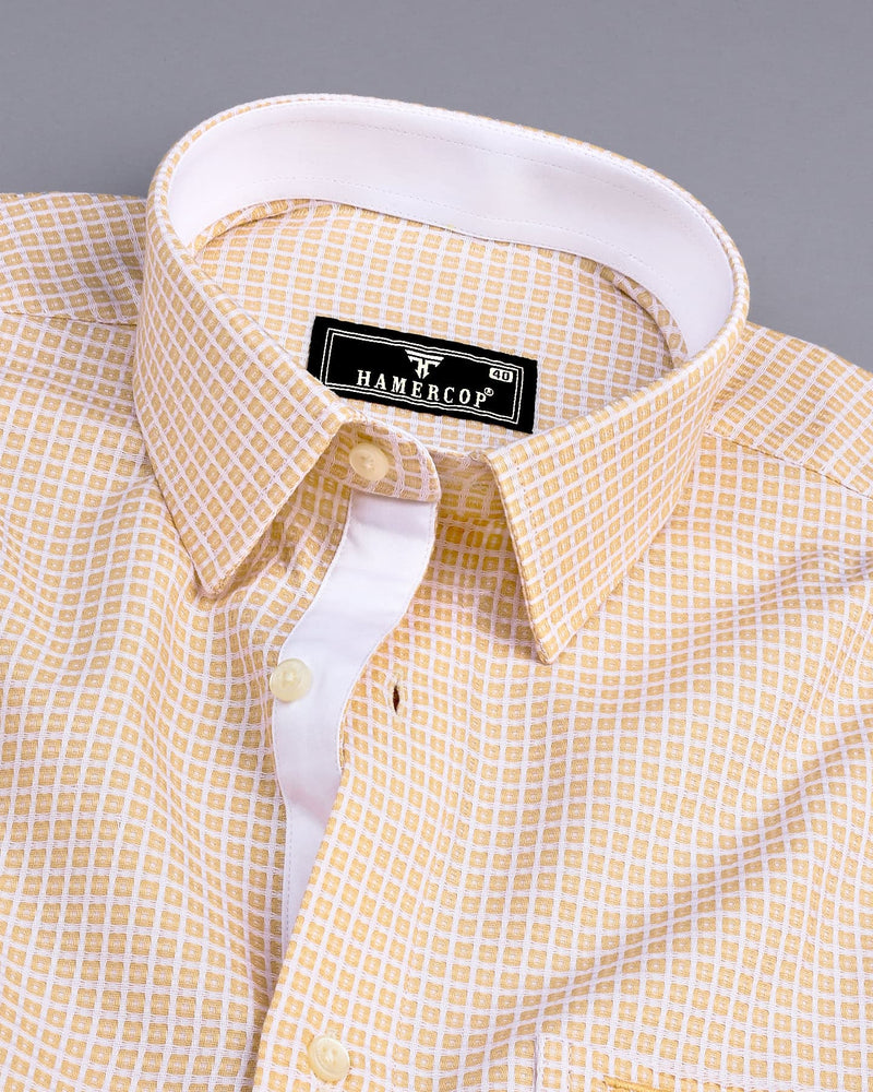 Aytos Cream With White Dobby Check Designer Cotton Shirt