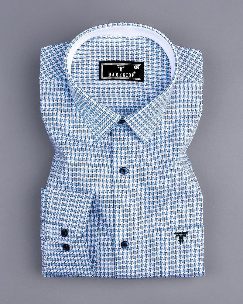 Gravity Blue Houndstooth Amsler Dobby Cotton Designer Shirt