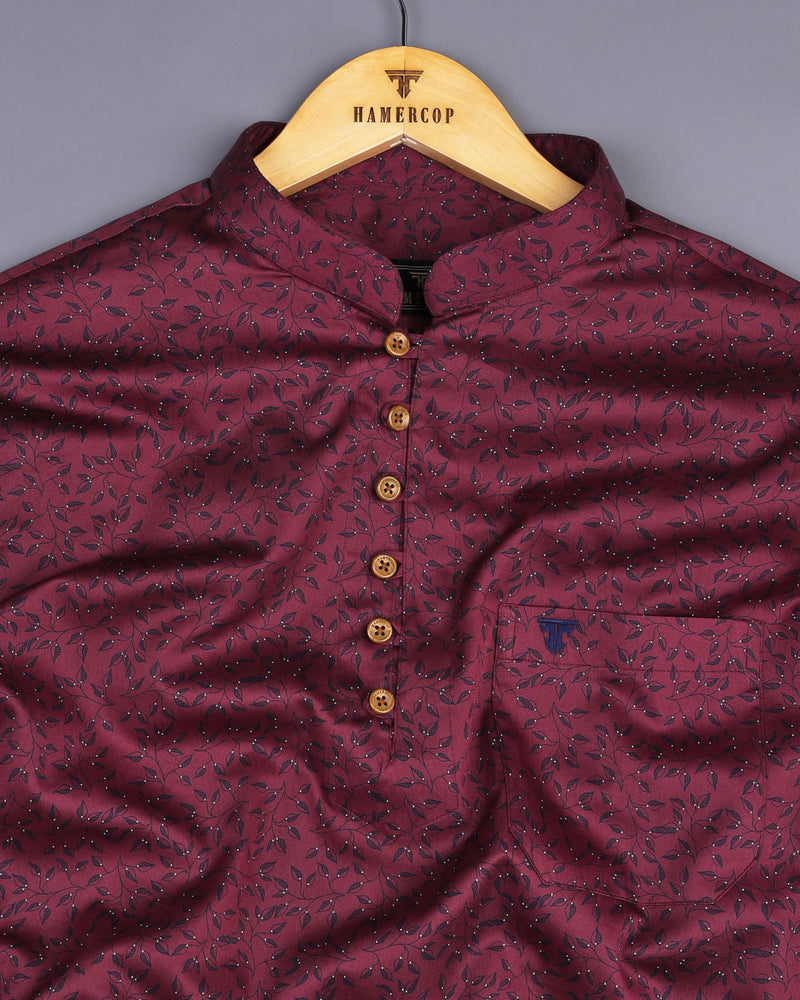 Luma Maroon With Blue Leaf Printed Satin Cotton Shirt Style Kurta