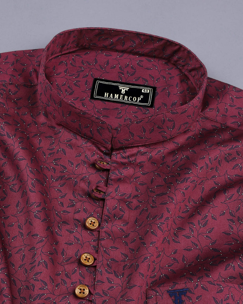 Luma Maroon With Blue Leaf Printed Satin Cotton Shirt Style Kurta