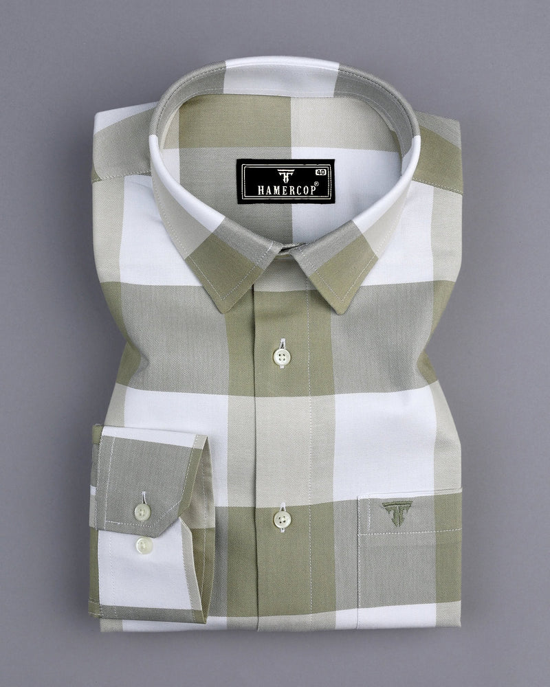 Merida Olive Green With White Broad Check Oxford Cotton Shirt