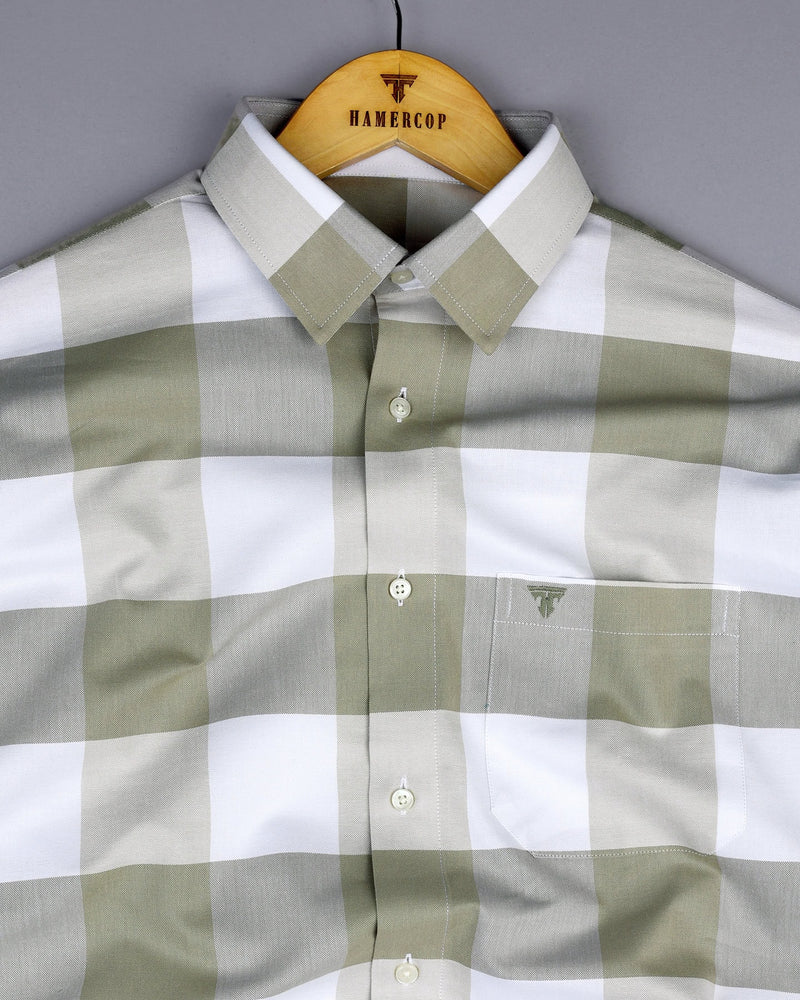 Merida Olive Green With White Broad Check Oxford Cotton Shirt