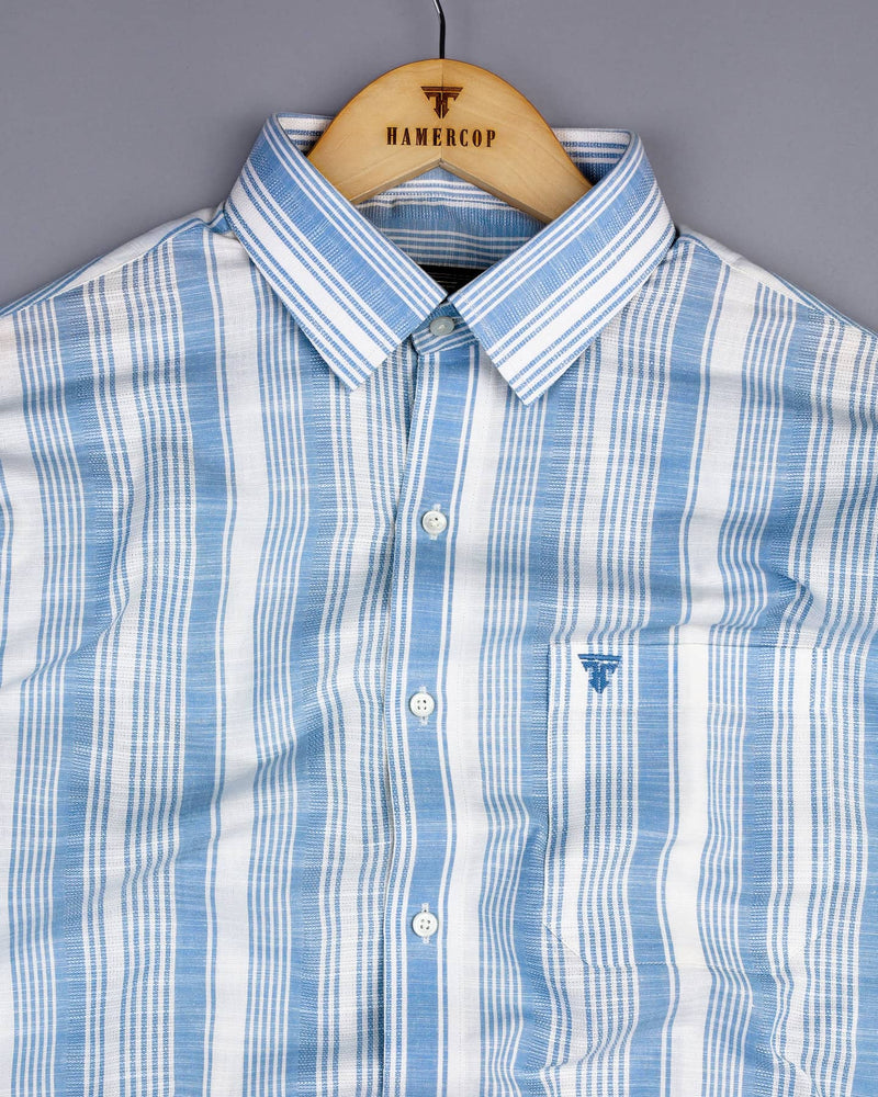 Freesia Blue With White Dobby Stripe Linen Cotton Shirt