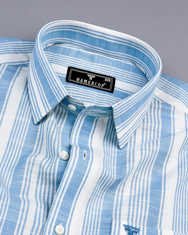 Freesia Blue With White Dobby Stripe Linen Cotton Shirt