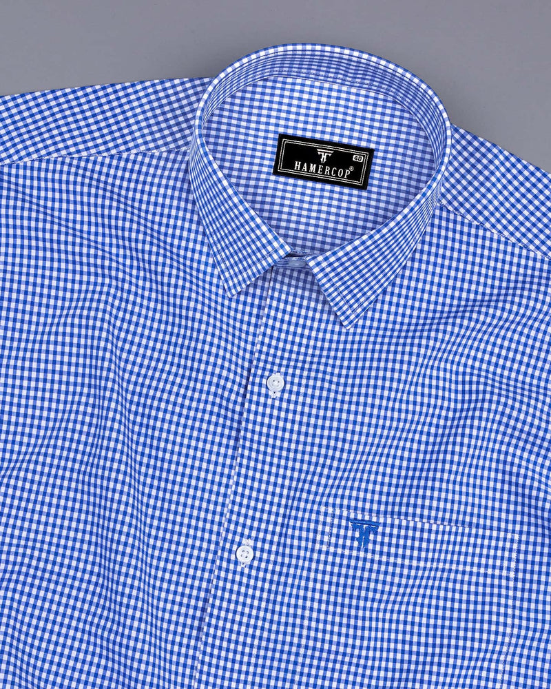 Ribon Blue With White Small Check Cotton Formal Shirt